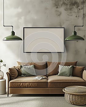Couch with pillows and a lamp in a room, French inspired decor