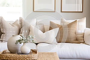 a couch with several throw pillows in neutral tones photo