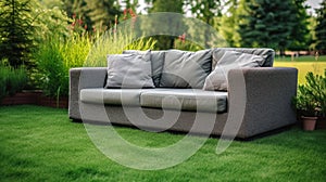 Couch sits on top of beautiful, vibrant green field. This image can be used to depict relaxation