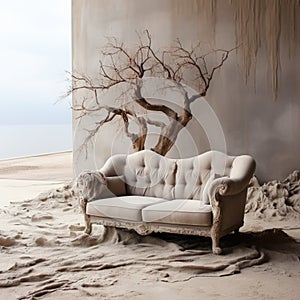 A couch sitting on top of a sandy beach next to a tree. Generative AI image.