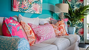 The couch is upholstered in a tropical print fabric with a mix of hot pink orange and turquoise hues. The geometric