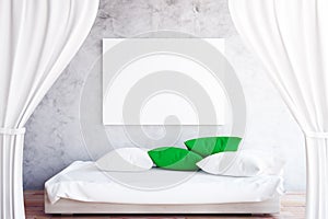 Couch and whiteboard in concrete interior