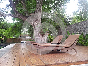 Couches at pool for sunbathe