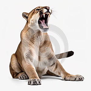 cougar stretching its legs with its tail raised, cute relaxed posture, white background, Generative AI