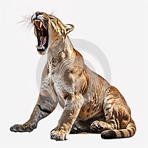 cougar stretching its legs with its tail raised, cute relaxed posture, white background, Generative AI