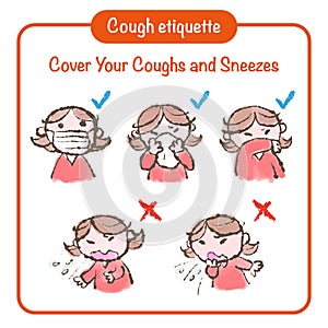 Cough etiquette hand-drawn illustration, prevention of contagious diseases