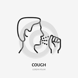 Cough line icon, vector pictogram of flu or coronavirus symptom. Man covering cough with hand illustration, sign for