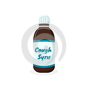 Cough syrup in bottle isolated on white background. Liquid medicine for sore throat, cold, flu and other respiratory