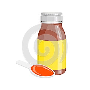 Cough syrup in bottle and spoon with poured doze isolated on white background. Liquid medicine for sore throat, cold
