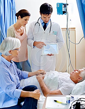 This could get rather graphic. a sick man in a hospital bed being shown a graph on a tablet while his wife holds his