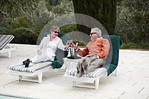 Couldnt have asked for anything more. A senior couple toasting to their vacation at the hotel pool.