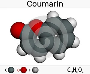 Coumarin, C9H6O2 molecule. It has sweet odor, recognised as scent of newly-mown hay. Coumarinic compounds are a class of lactones photo
