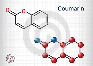 Coumarin, C9H6O2 molecule. It has sweet odor, recognised as scent of newly-mown hay. Coumarinic compounds are a class of lactones