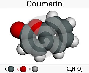 Coumarin, C9H6O2 molecule. It has sweet odor, recognised as scent of newly-mown hay. Coumarinic compounds are a class of lactones