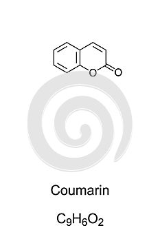 Coumarin, artificial vanilla substitute, chemical structure and formula photo