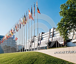 Council of Europe with UK and France flag half-mast