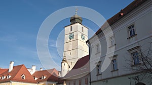 The Council Tower of Sibiu (Turnul Sfatului), Romania. Tourism, travel, hyperlapse.