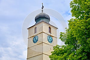 The Council Tower Turnul Sfatului in Sibiu Small Square Piata Mica - top part with a green tree, on a bright day.