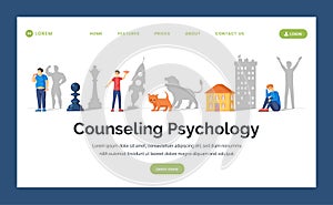 Counseling psychology flat landing page template. Hidden potential and healthcare webpage design with typography.