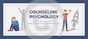 Counseling psychology web banner template. Vector concept of depression treatment and personal growth.