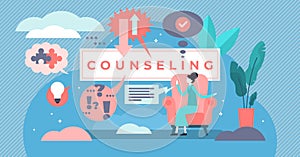 Counseling vector illustration. Tiny psychological specialty person concept