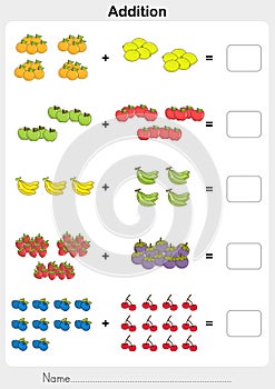 Count and addition the fruits. Then write the solutions. photo