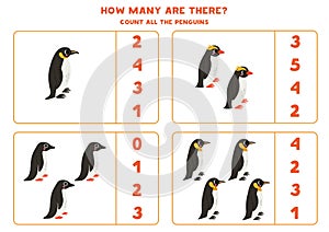 Count all penguins and circle the correct answers.