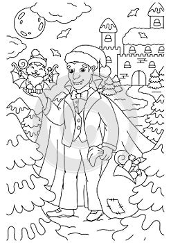 Count Dracula with Christmas gifts. Coloring book page for kids. Cartoon style character. Vector illustration isolated on white