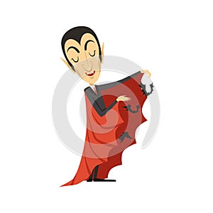 Count Dracula and flying bats, vampire in suit and red cape