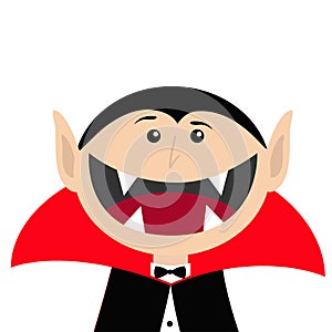 Count Dracula head face wearing black and red cape. Cute cartoon vampire character with fangs. Big mouth. Happy Halloween. Greetin