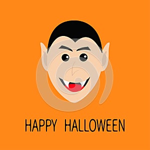 Count Dracula head smiling face. Cute cartoon vampire character with fangs. Happy Halloween. Greeting card. Flat design. Orange ba