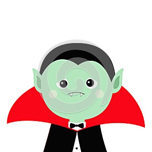 Count Dracula headwearing black and red cape. Cute cartoon vampire character. Green sad face with fangs. Happy Halloween. Greeting