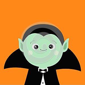 Count Dracula headwearing black and red cape. Cute cartoon vampire character. Green sad face with fangs. Happy Halloween. Greeting