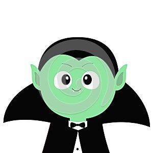 Count Dracula wearing black cape. Cute cartoon funny spooky vampire baby character. Green face with fangs. Greeting card. Happy Ha