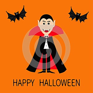 Count Dracula wearing black and red cape. Cute cartoon vampire character
