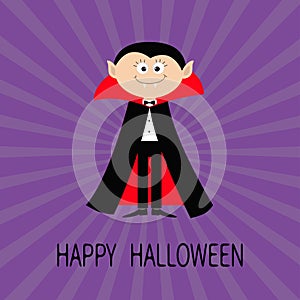 Count Dracula wearing black and red cape. Cute cartoon vampire character with fangs.