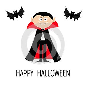 Count Dracula wearing black and red cape. Cute cartoon vampire character with fangs. Two flying bat animal. Happy Halloween. Flat