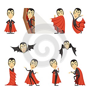 Count Dracula wearing red cape. Set of cute cartoon vampire characters vector illustrations
