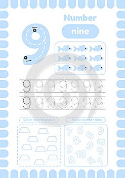 Count fishes. Trace number nine. Learn numbers, color trapezes