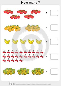 Count the fruits. Then write the solutions. photo