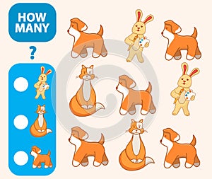 Count how many cats,hares,dogs is educational game. Maths task development of logical thinking of children.