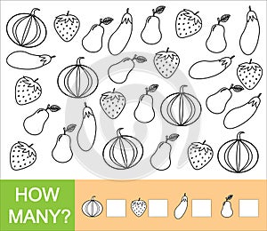 Count how many fruits, berries and vegetables pear, strawberry, eggplant, pumpkin