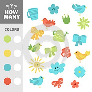 Count how many items with color. Vector educational game. Cute spring elements