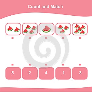 Count and Match Watermelon Worksheet. This worksheet is suitable for educating the early age children on how to count well photo