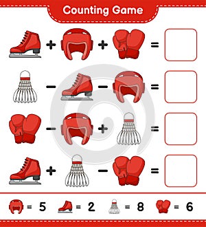 Count and match, count the number of Boxing Gloves, Shuttlecock, Boxing Helmet, Ice Skates and match with the right numbers.