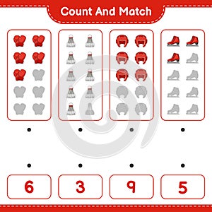 Count and match, count the number of Boxing Gloves, Shuttlecock, Boxing Helmet, Ice Skates and match with the right numbers.