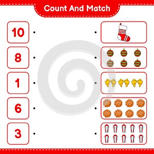 Count and match, count the number of Gift Box, Sock, Christmas Ball, Ribbon, Cookies and match with the right numbers. Educational
