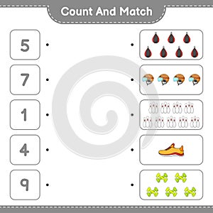 Count and match, count the number of Helmet, Shoes, Bowling Pin, Dumbbell, Punching Bag and match with the right numbers.