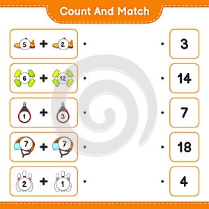 Count and match, count the number of Helmet, Shoes, Bowling Pin, Dumbbell, Punching Bag and match with the right numbers.