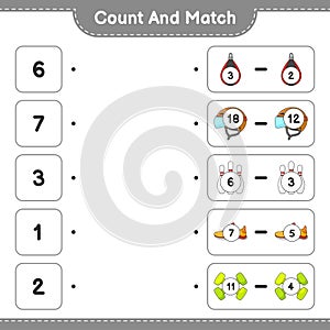 Count and match, count the number of Helmet, Shoes, Bowling Pin, Dumbbell, Punching Bag and match with the right numbers.